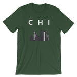 CHI Town Skyline Chicago City White Print Short Sleeve Jersey T-Shirt with Tear Away Label