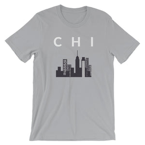 CHI Town Skyline Chicago City White Print Short Sleeve Jersey T-Shirt with Tear Away Label